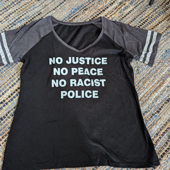 Justice Peace Police Black Lives Matter BLM Women's XL Heather Gray Black Ringer - Picture 1 of 4